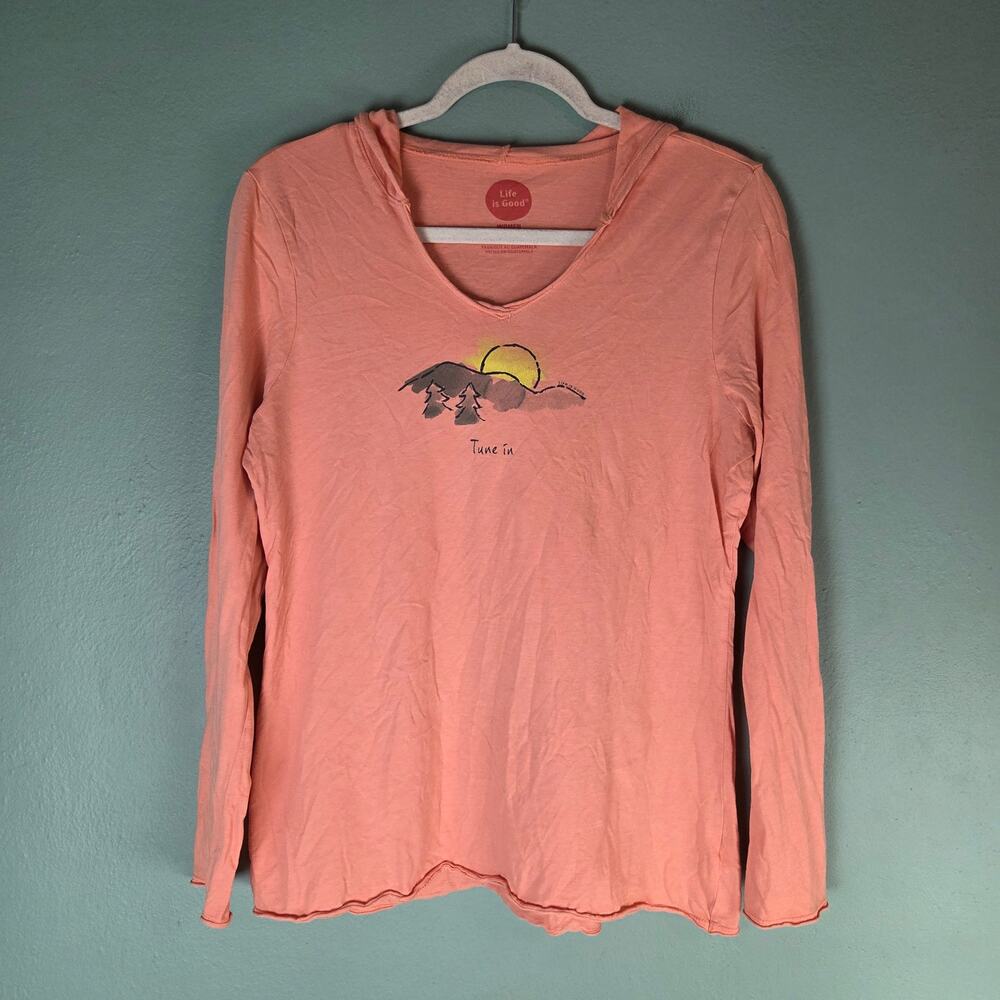 Life Is Good Womens M Orange Classic Fit Hooded Tune In Mountain Sun VNeck Shirt